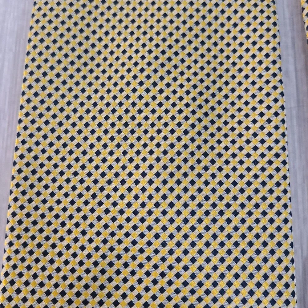Ermenegildo Zegna Silk Necktie Yellow Navy Blue Tile Print Italy